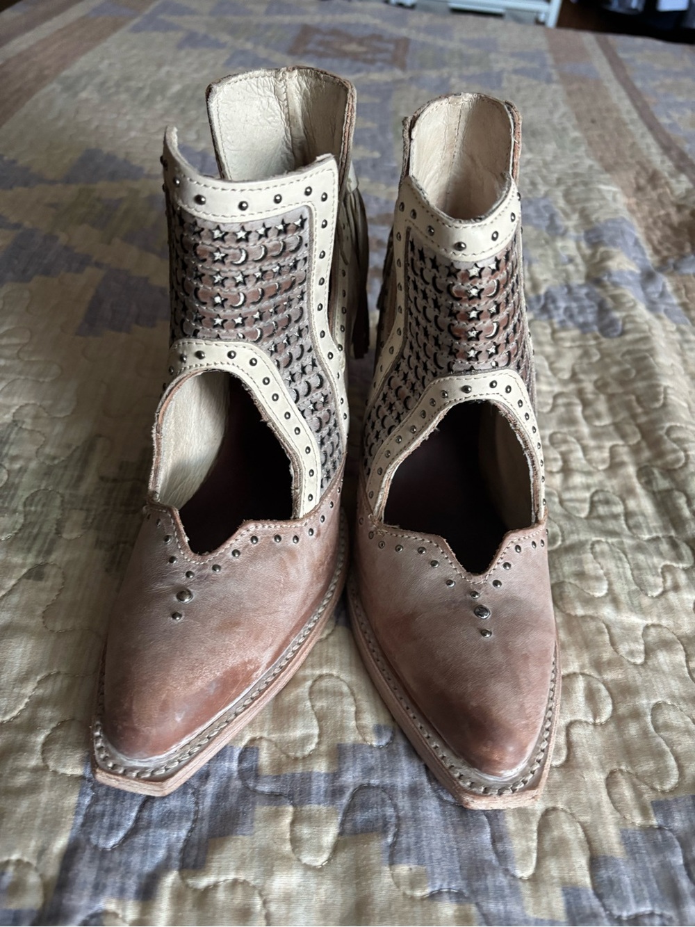 freebird Two-Tone Brown and Cream Woven Leather Heeled Booties